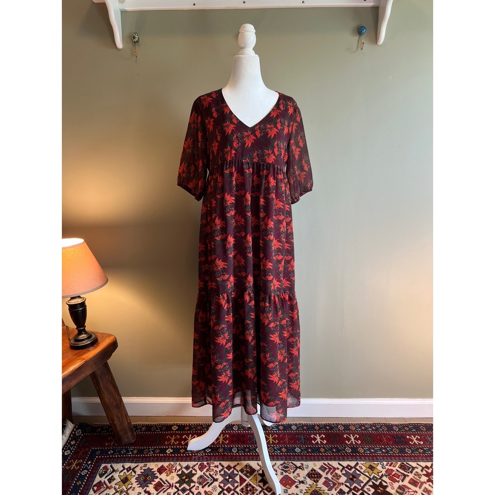 Julie Brown New York Burgundy Poinsettia Floral V-Neck Tiered Maxi Dress XS
